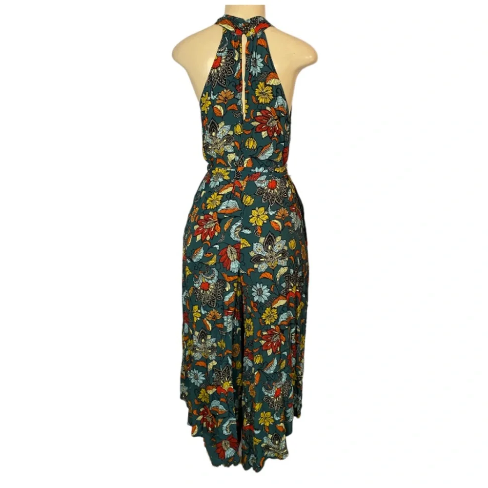 Anthropologie Geneva Halter Wide-Leg Jumpsuit Small Teal Green Floral Paisley - Picture 3 of 10